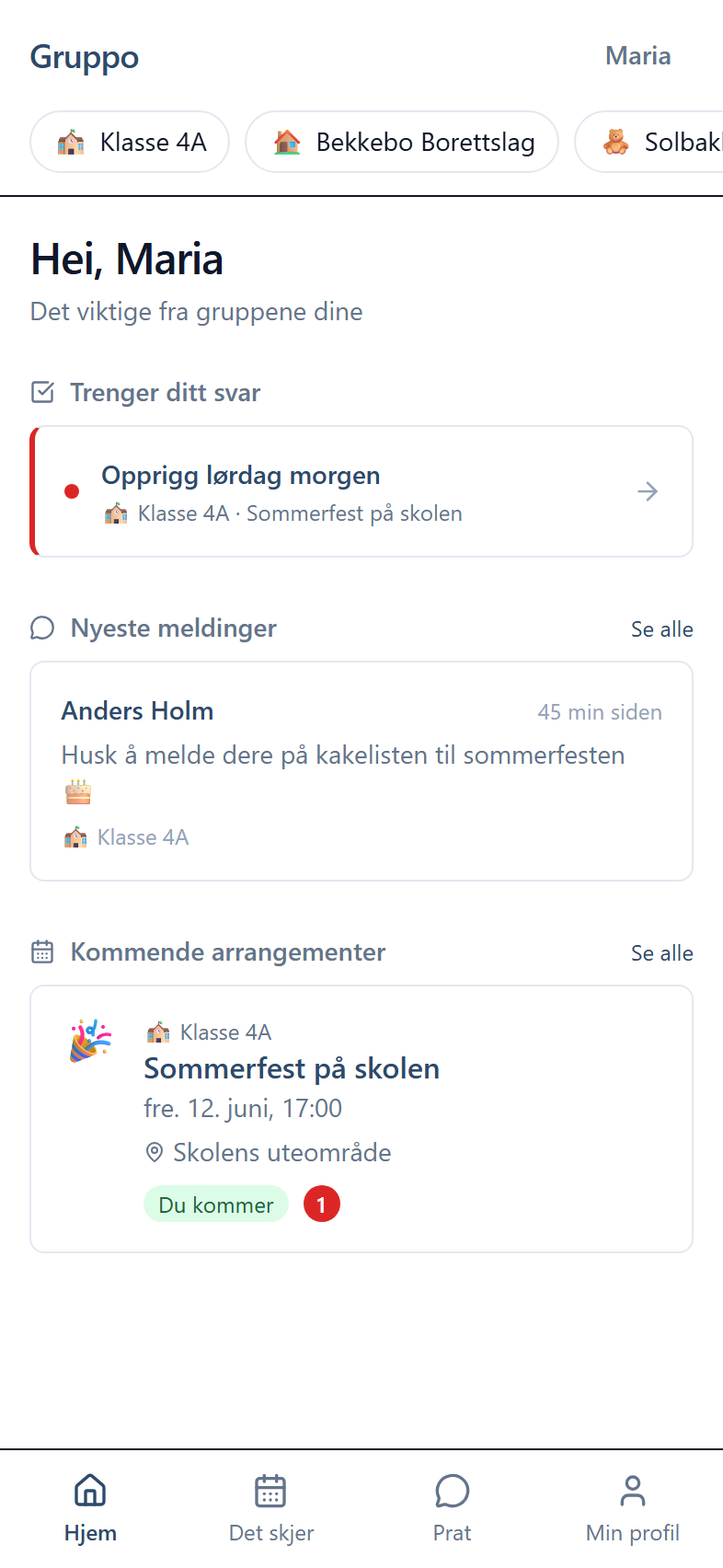 Skjermbilde av Gruppo: kommende arrangementer med RSVP og oppgaver